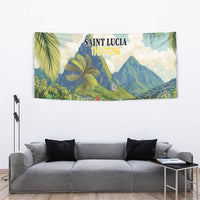 Tropical hibiscus wall hanging tapestry with palm foliage, mountains, and birds; central lettering
