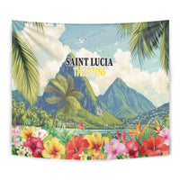 Close-up tropical hibiscus wall tapestry with palm leaves, mountains, birds, and centered title text