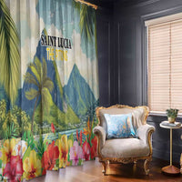 Window curtain panel featuring Saint Lucia The Pitons text, palms, blue mountains, hibiscus