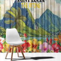 Window curtain panel with Saint Lucia The Pitons text, tropical palms, and hibiscus flowers