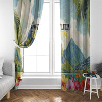 Pair of window curtain panels with blue mountains, palm leaves, and hibiscus flowers print
