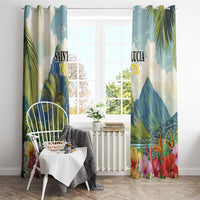 Window curtain panels with Saint Lucia The Pitons text, blue mountain peak, and hibiscus flowers