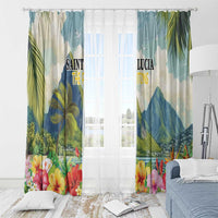 Window curtain panel set with blue mountain view, palm leaves, and hibiscus flower accents