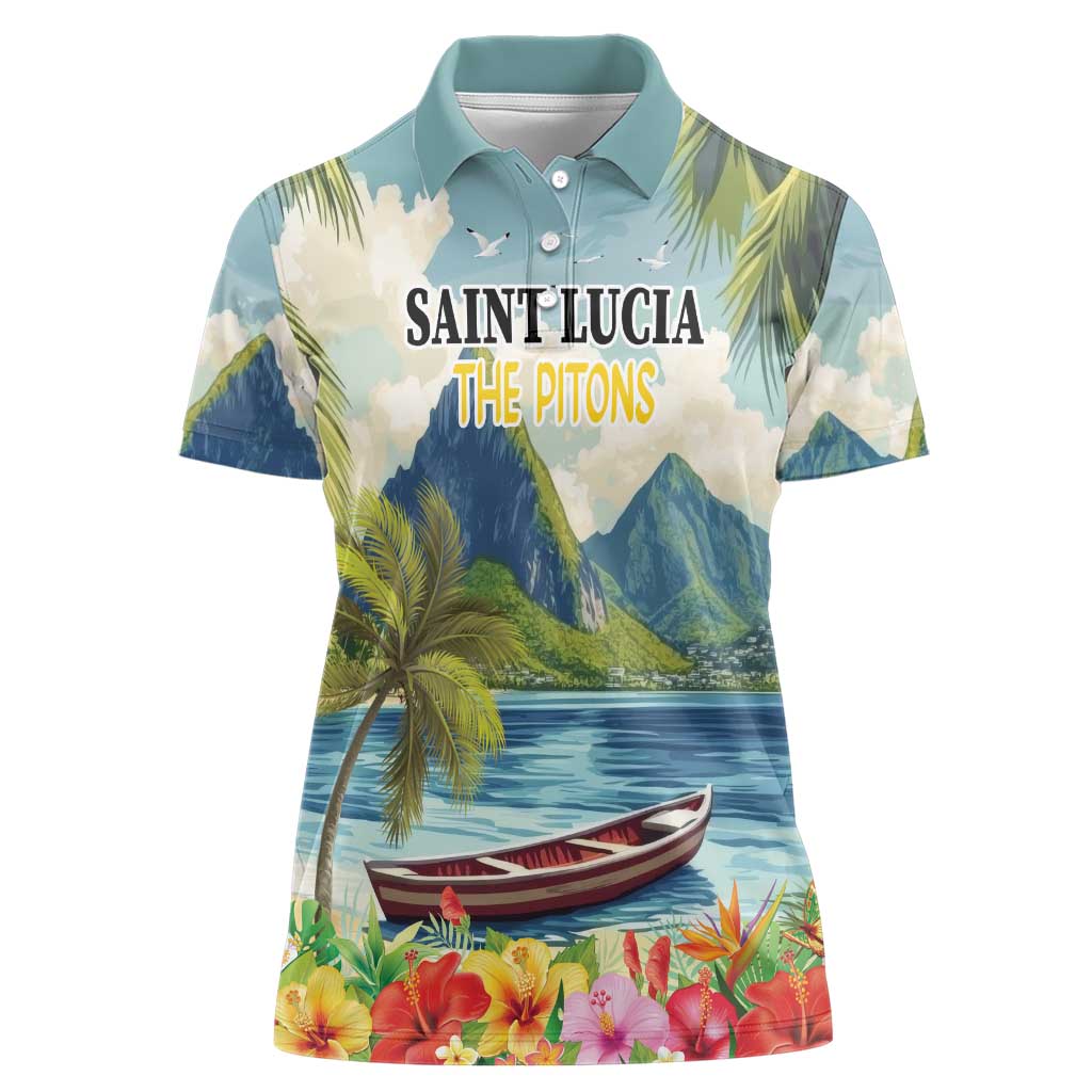 Pitons Saint Lucia Women Polo Shirt Hibiscus Flowers - Wonder Print Shop