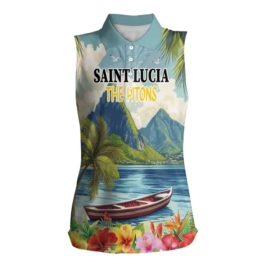 Pitons Saint Lucia Women Sleeveless Polo Shirt Hibiscus Flowers - Wonder Print Shop