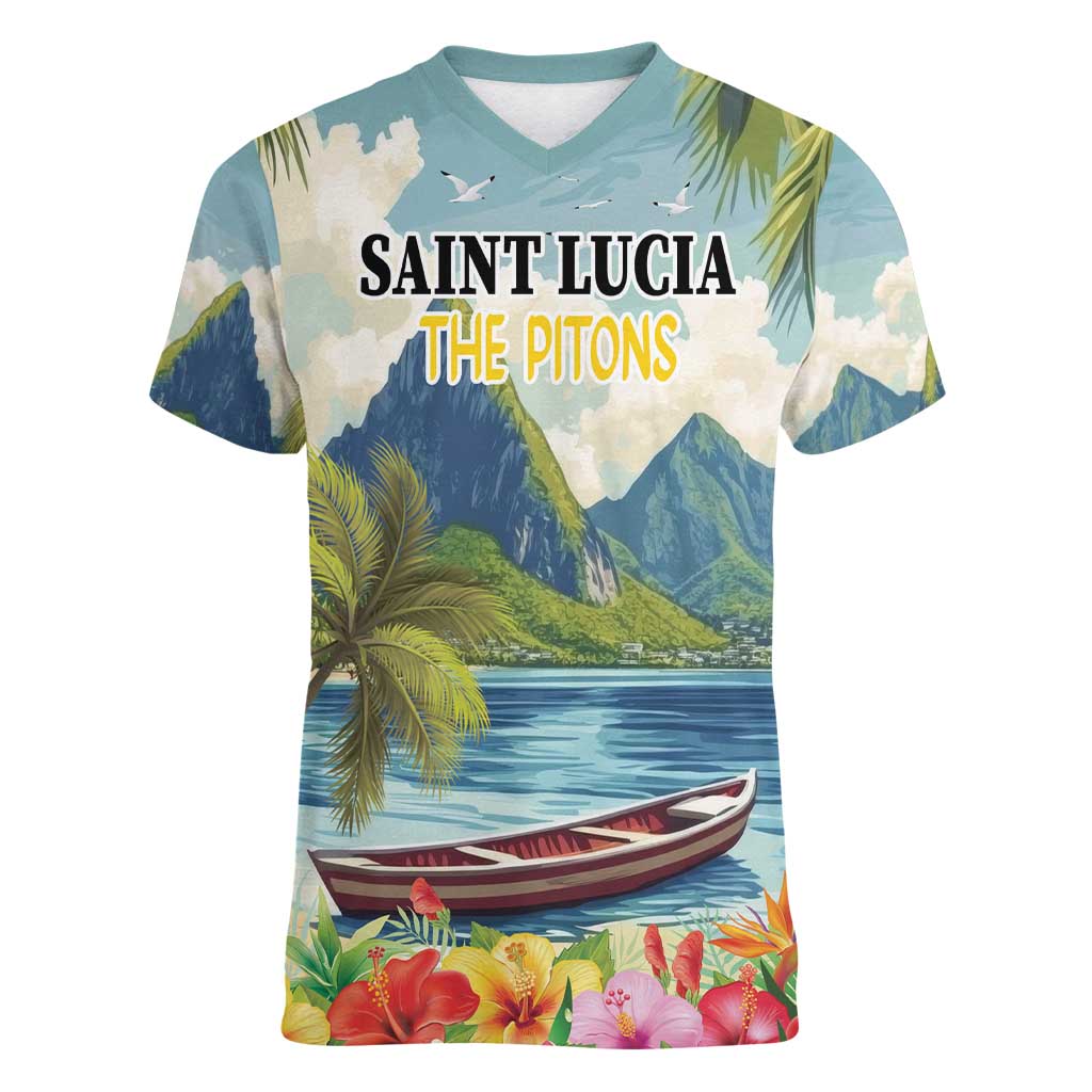 Pitons Saint Lucia Women V-Neck T-Shirt Hibiscus Flowers - Wonder Print Shop