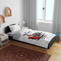 White duvet and pillow set with bull and matador design and 'YOUR TEXT' text.
