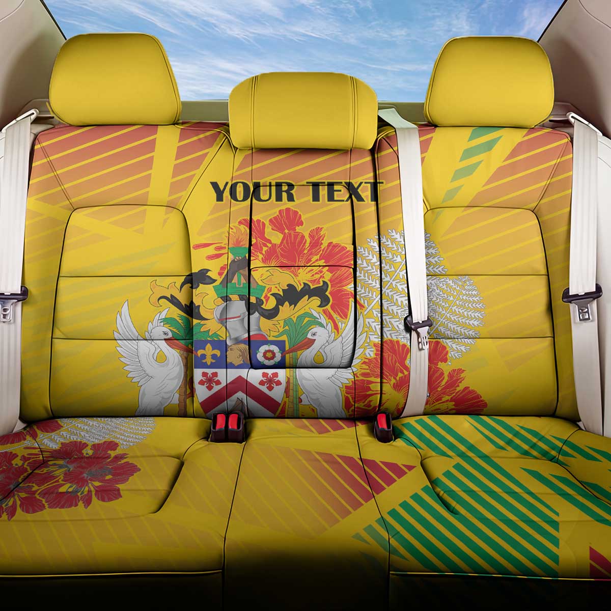 Personalized Saint Kitts and Nevis Poinciana Flowers Back Car Seat Cover With Coat Of Arms - Wonder Print Shop