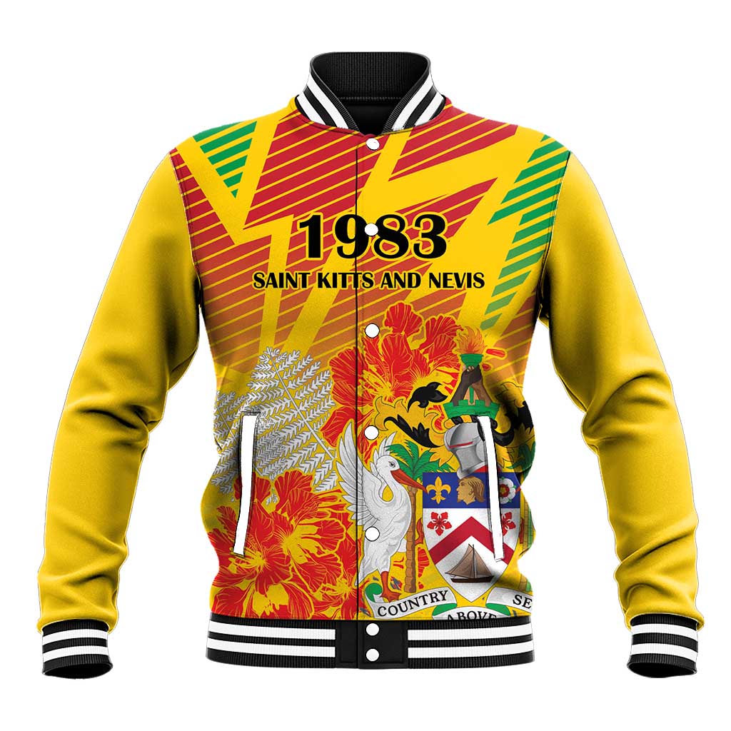 Personalized Saint Kitts and Nevis Poinciana Flowers Baseball Jacket With Coat Of Arms - Wonder Print Shop