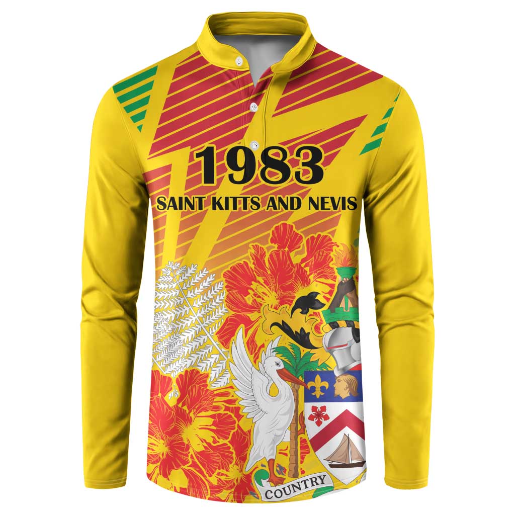 Yellow button sweatshirt with coat-of-arms graphic, 1983 text, floral accents