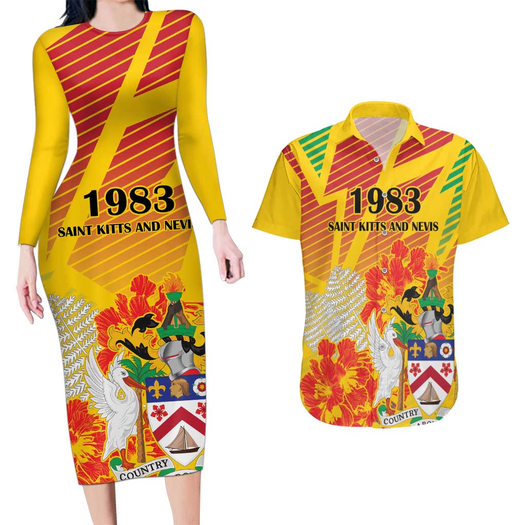 Personalized Saint Kitts and Nevis Poinciana Flowers Couples Matching Long Sleeve Bodycon Dress and Hawaiian Shirt With Coat Of Arms - Wonder Print Shop