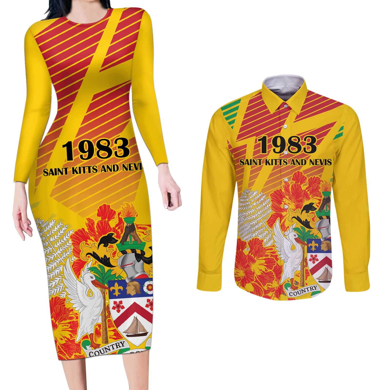 Personalized Saint Kitts and Nevis Poinciana Flowers Couples Matching Long Sleeve Bodycon Dress and Long Sleeve Button Shirt With Coat Of Arms - Wonder Print Shop