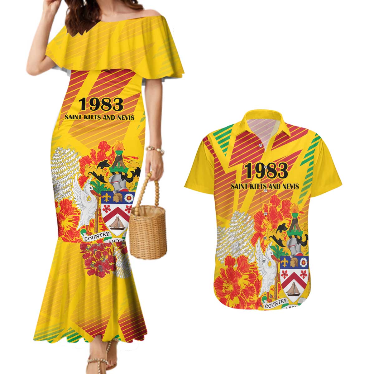 Personalized Saint Kitts and Nevis Poinciana Flowers Couples Matching Mermaid Dress and Hawaiian Shirt With Coat Of Arms - Wonder Print Shop