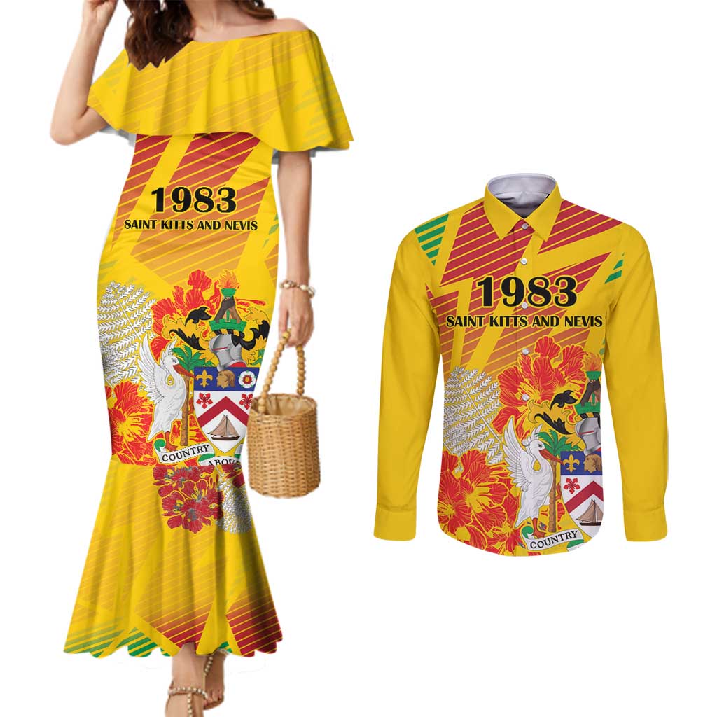 Personalized Saint Kitts and Nevis Poinciana Flowers Couples Matching Mermaid Dress and Long Sleeve Button Shirt With Coat Of Arms