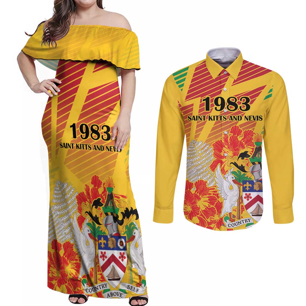 Personalized Saint Kitts and Nevis Poinciana Flowers Couples Matching Off Shoulder Maxi Dress and Long Sleeve Button Shirt With Coat Of Arms - Wonder Print Shop