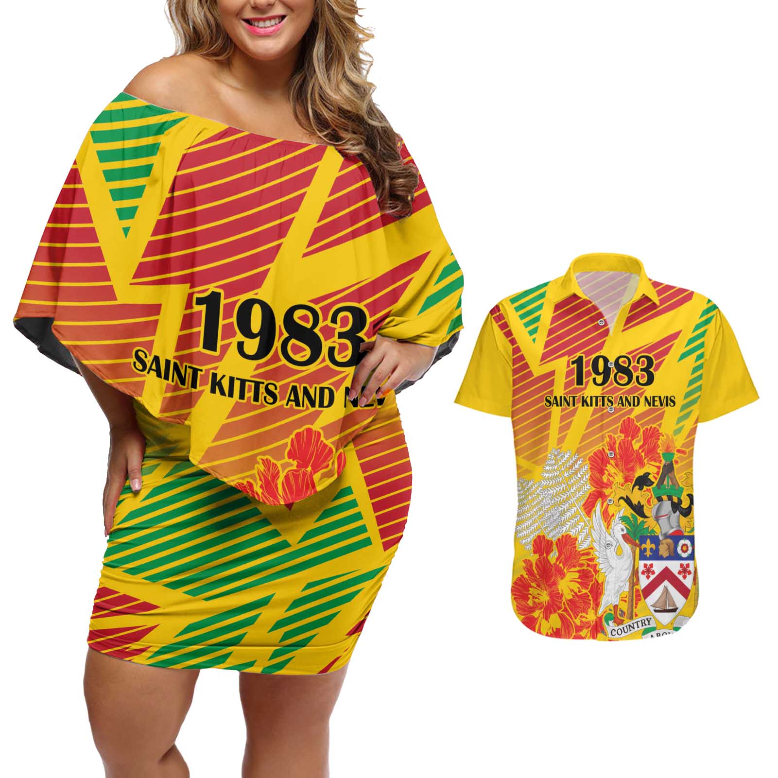 Personalized Saint Kitts and Nevis Poinciana Flowers Couples Matching Off Shoulder Short Dress and Hawaiian Shirt With Coat Of Arms - Wonder Print Shop