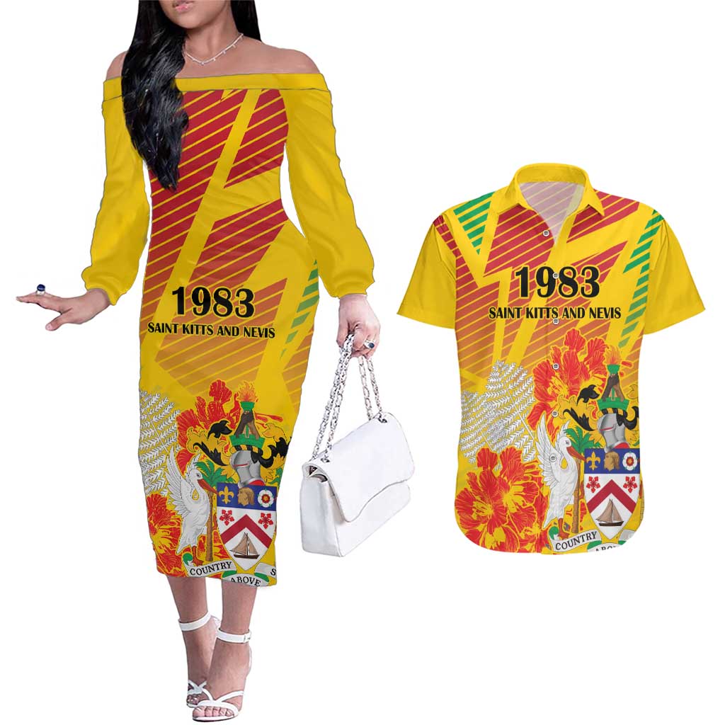 Personalized Saint Kitts and Nevis Poinciana Flowers Couples Matching Off The Shoulder Long Sleeve Dress and Hawaiian Shirt With Coat Of Arms - Wonder Print Shop