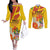 Personalized Saint Kitts and Nevis Poinciana Flowers Couples Matching Off The Shoulder Long Sleeve Dress and Long Sleeve Button Shirt With Coat Of Arms