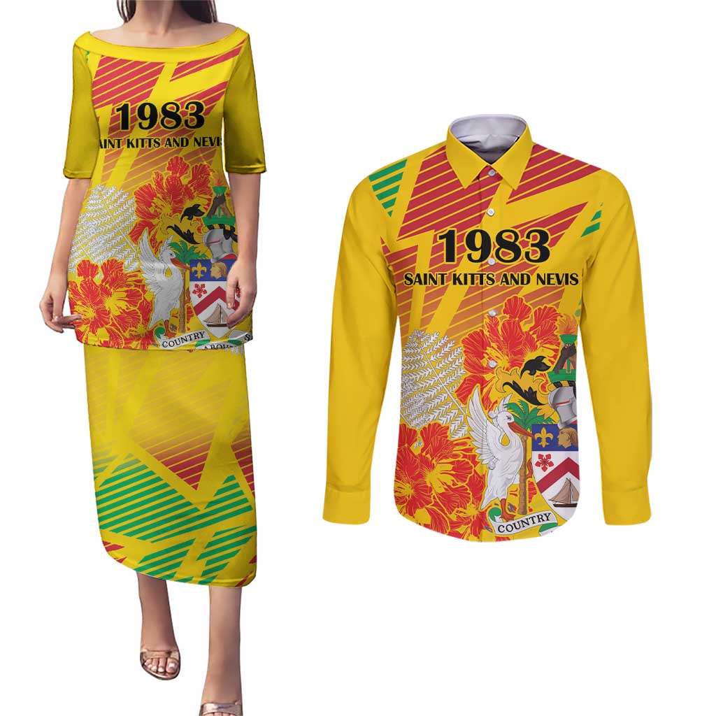 Personalized Saint Kitts and Nevis Poinciana Flowers Couples Matching Puletasi and Long Sleeve Button Shirt With Coat Of Arms - Wonder Print Shop