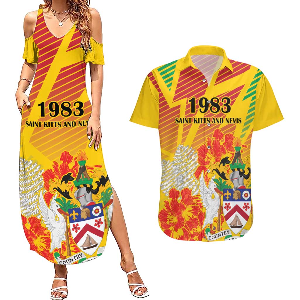 Personalized Saint Kitts and Nevis Poinciana Flowers Couples Matching Summer Maxi Dress and Hawaiian Shirt With Coat Of Arms - Wonder Print Shop