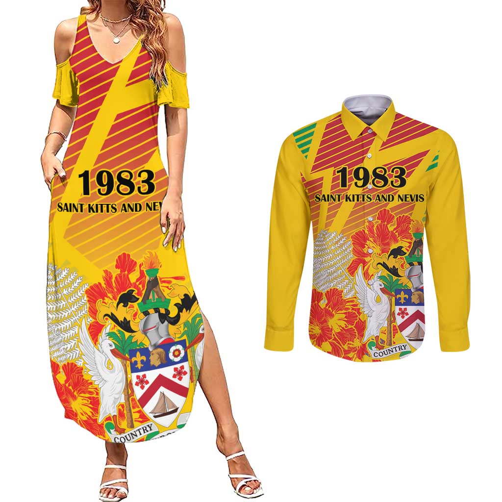 Personalized Saint Kitts and Nevis Poinciana Flowers Couples Matching Summer Maxi Dress and Long Sleeve Button Shirt With Coat Of Arms - Wonder Print Shop