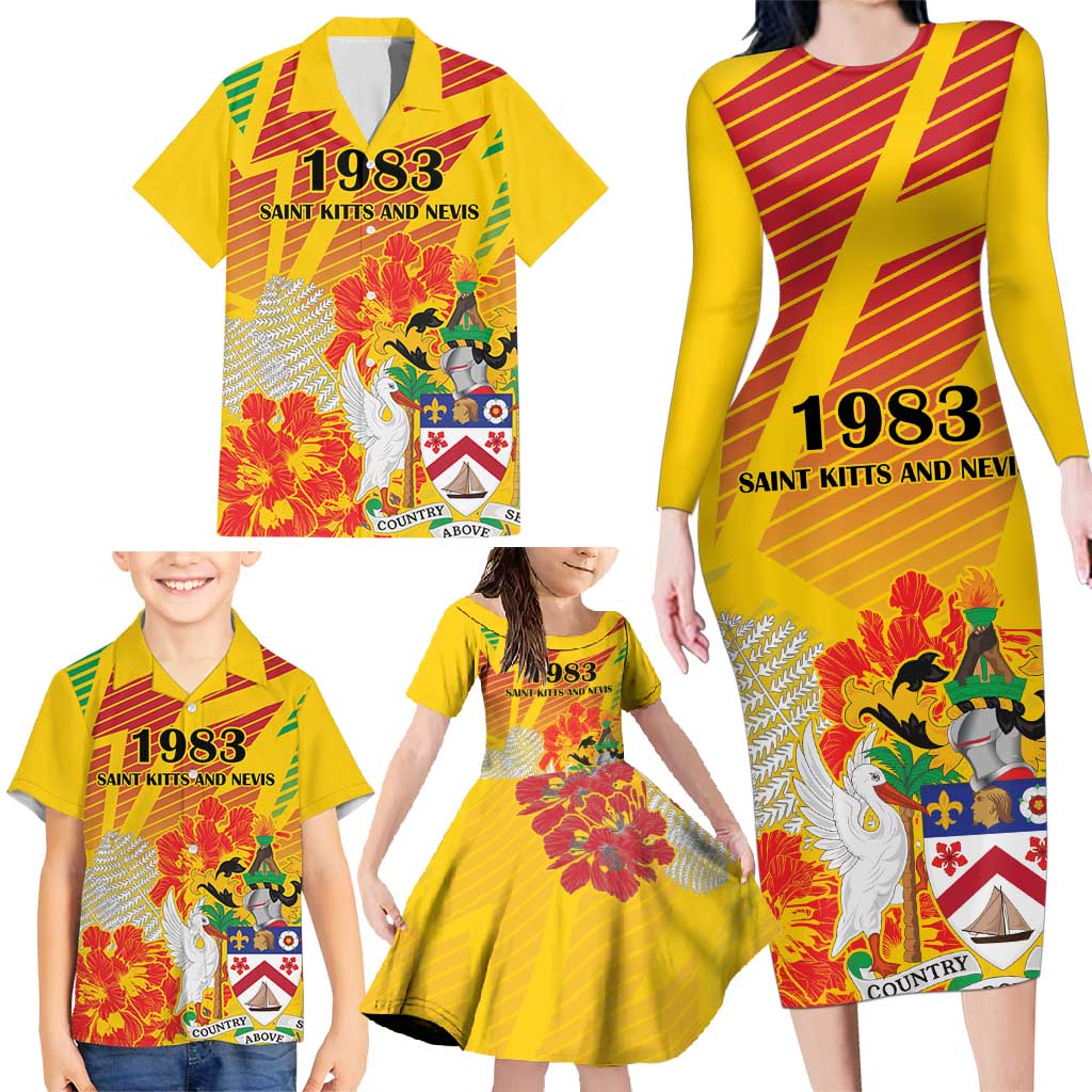 Personalized Saint Kitts and Nevis Poinciana Flowers Family Matching Long Sleeve Bodycon Dress and Hawaiian Shirt With Coat Of Arms - Wonder Print Shop