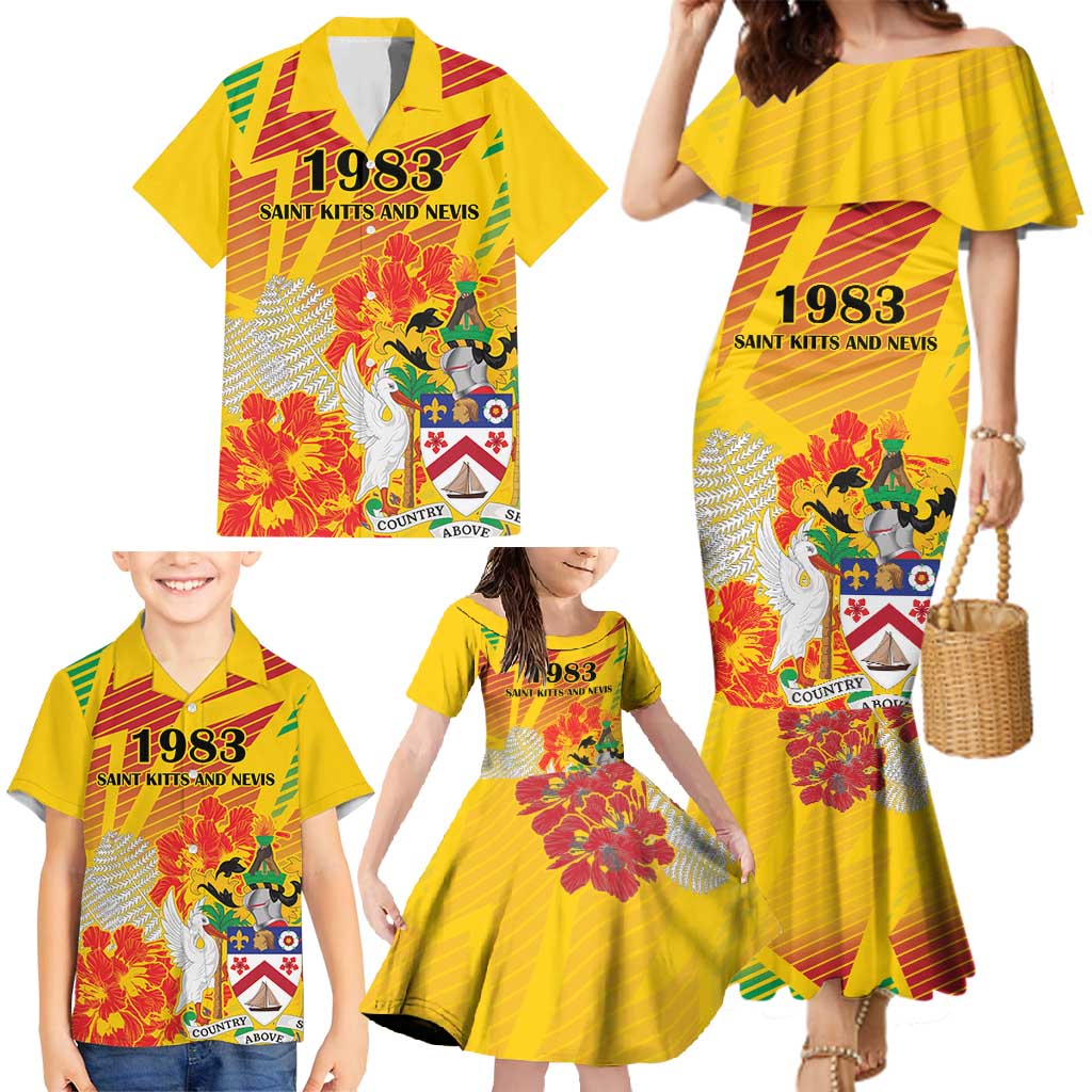 Personalized Saint Kitts and Nevis Poinciana Flowers Family Matching Mermaid Dress and Hawaiian Shirt With Coat Of Arms - Wonder Print Shop