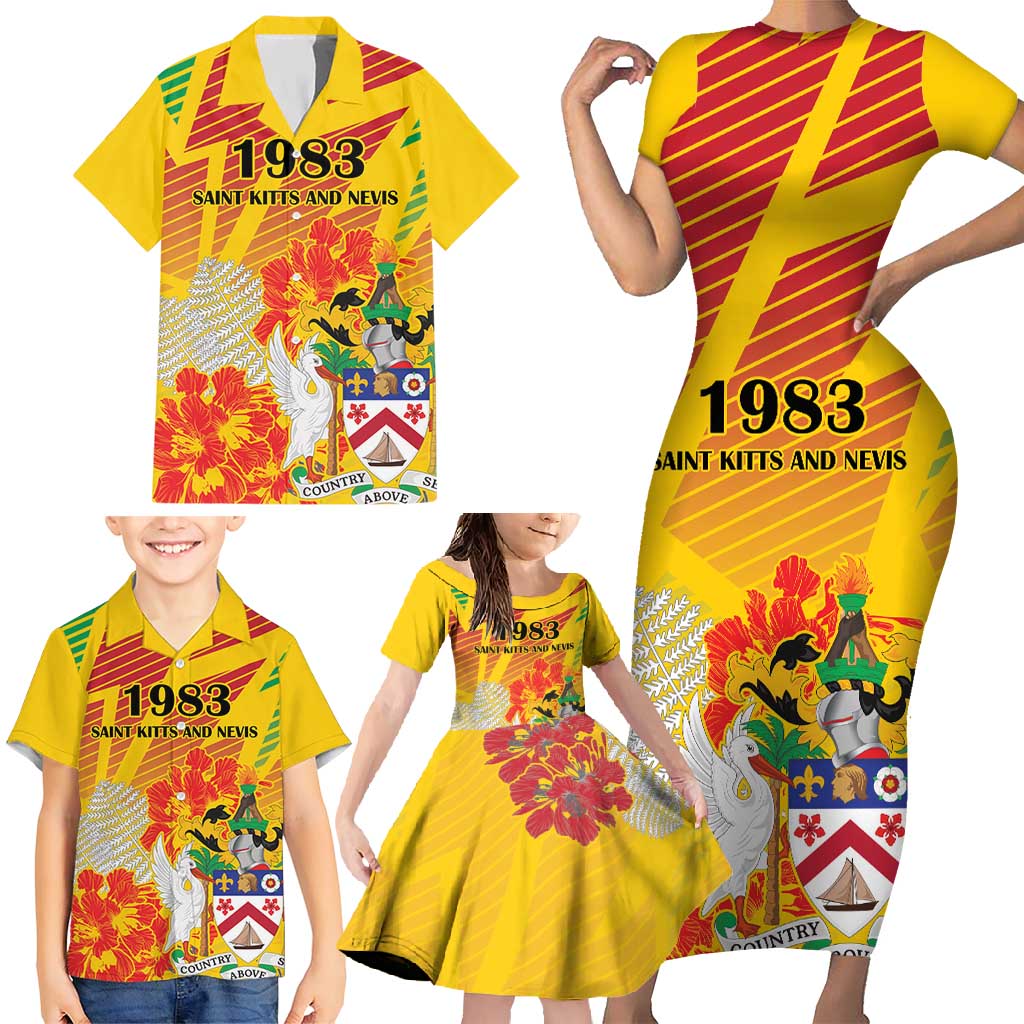 Personalized Saint Kitts and Nevis Poinciana Flowers Family Matching Short Sleeve Bodycon Dress and Hawaiian Shirt With Coat Of Arms - Wonder Print Shop