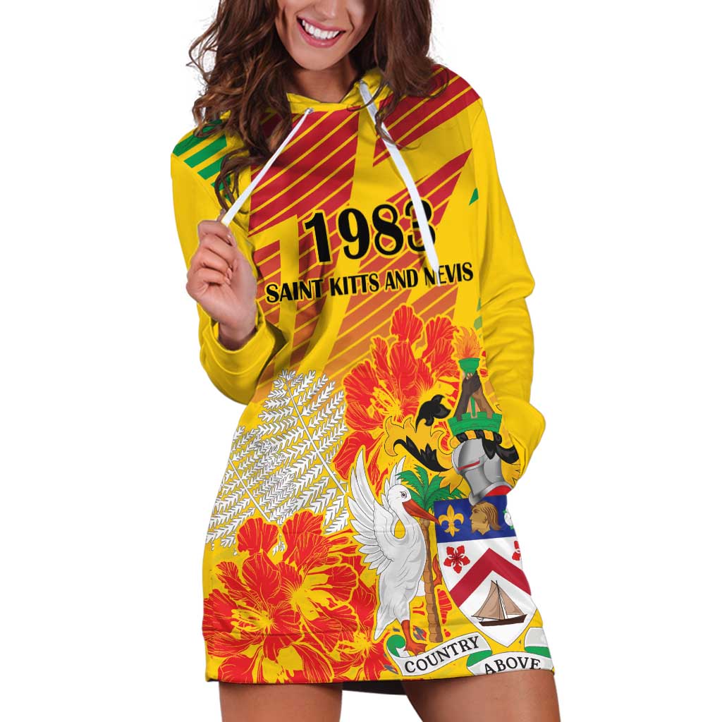 Personalized Saint Kitts and Nevis Poinciana Flowers Hoodie Dress With Coat Of Arms - Wonder Print Shop