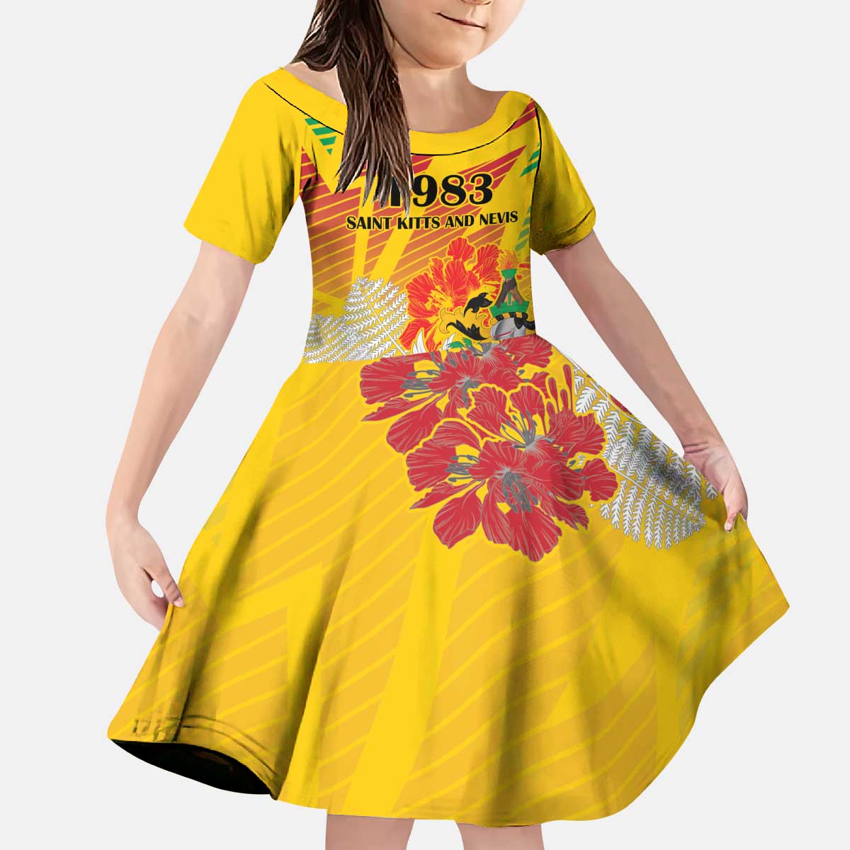 Personalized Saint Kitts and Nevis Poinciana Flowers Kid Short Sleeve Dress With Coat Of Arms - Wonder Print Shop