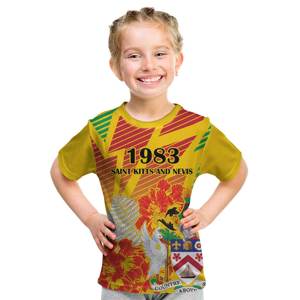 Personalized Saint Kitts and Nevis Poinciana Flowers Kid T Shirt With Coat Of Arms - Wonder Print Shop