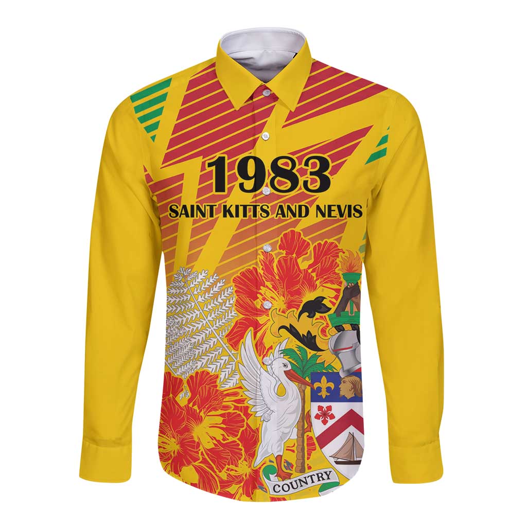 Unisex yellow long-sleeve button shirt with 1983 crest and floral graphic