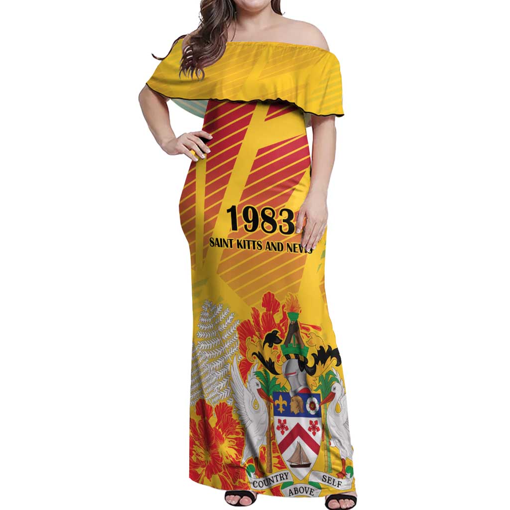 Personalized Saint Kitts and Nevis Poinciana Flowers Off Shoulder Maxi Dress With Coat Of Arms - Wonder Print Shop