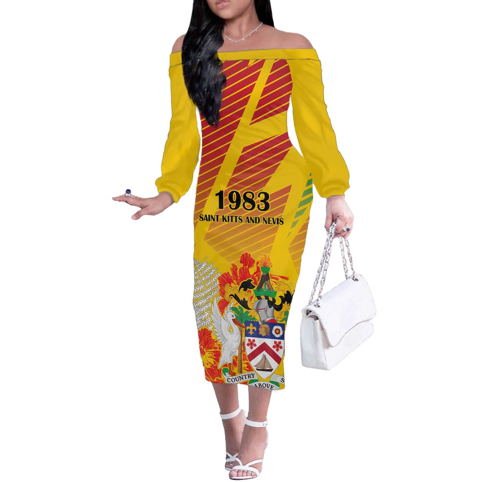 Personalized Saint Kitts and Nevis Poinciana Flowers Off The Shoulder Long Sleeve Dress With Coat Of Arms - Wonder Print Shop