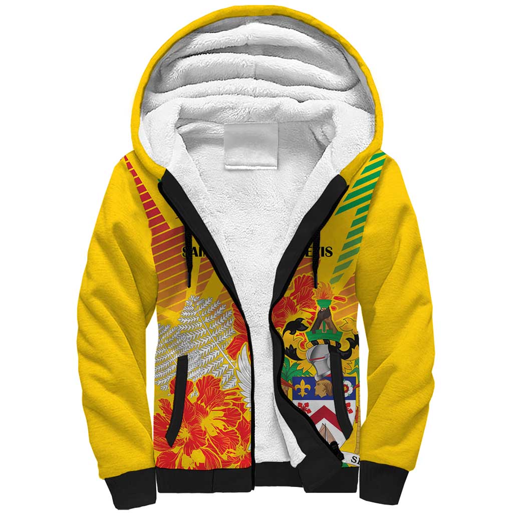 Personalized Saint Kitts and Nevis Poinciana Flowers Sherpa Hoodie With Coat Of Arms - Wonder Print Shop