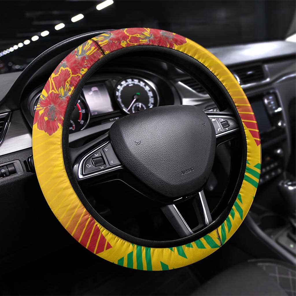 Saint Kitts and Nevis Poinciana Flowers Steering Wheel Cover With Coat Of Arms - Wonder Print Shop