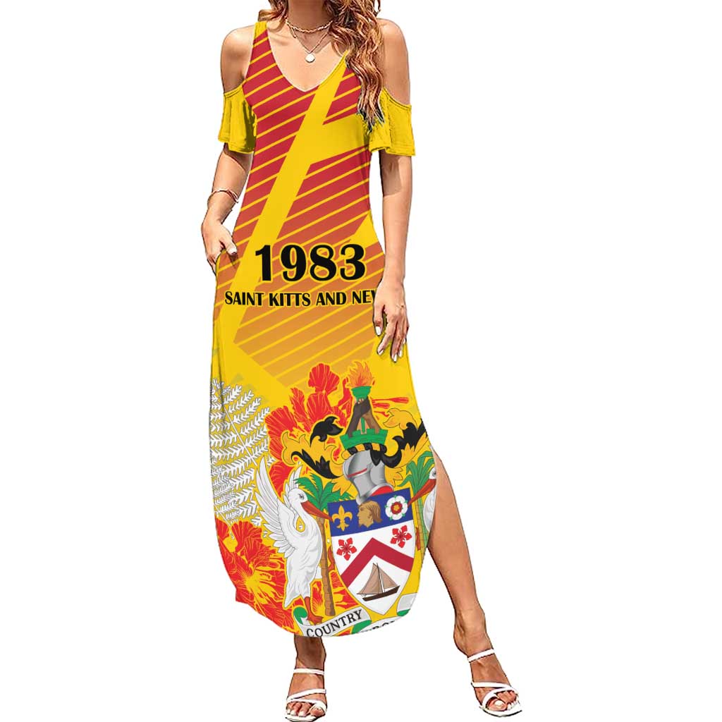 Personalized Saint Kitts and Nevis Poinciana Flowers Summer Maxi Dress With Coat Of Arms - Wonder Print Shop