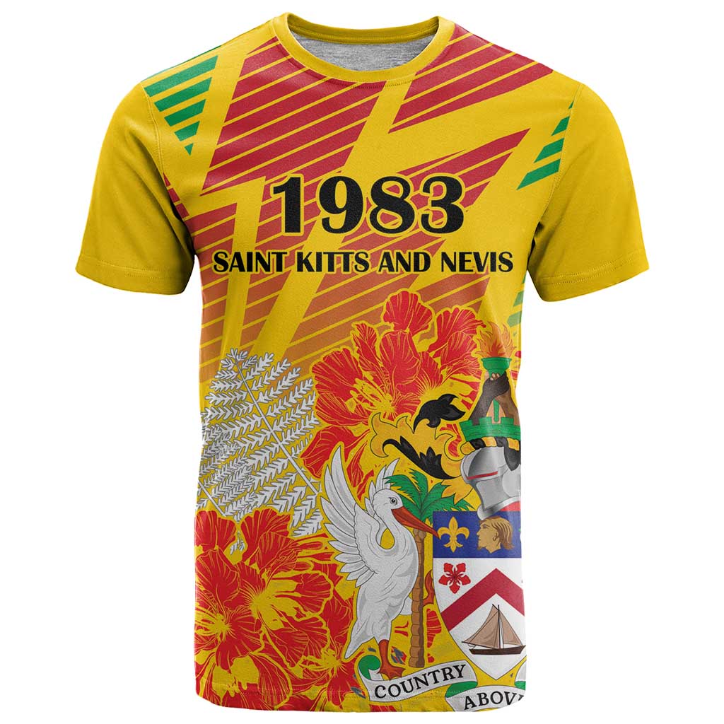 Personalized Saint Kitts and Nevis Poinciana Flowers T Shirt With Coat Of Arms - Wonder Print Shop