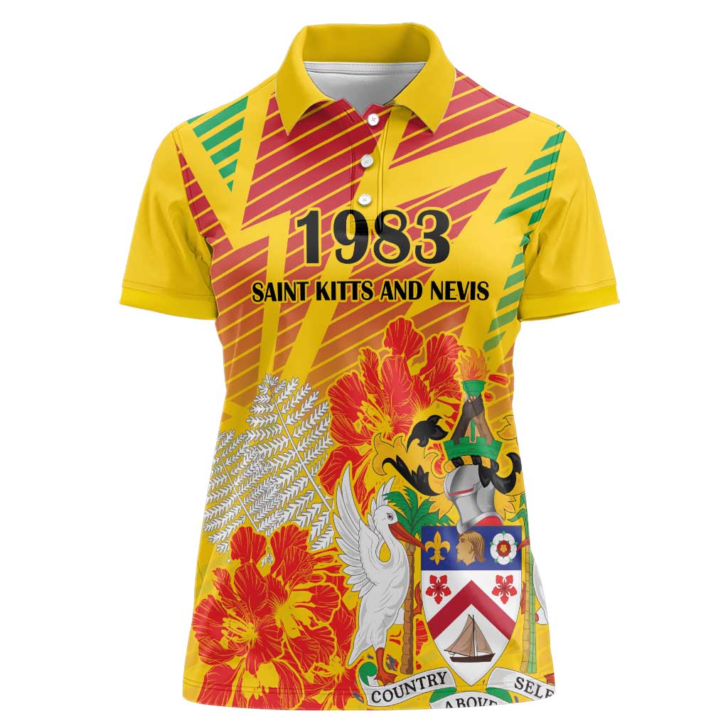 Personalized Saint Kitts and Nevis Poinciana Flowers Women Polo Shirt With Coat Of Arms - Wonder Print Shop