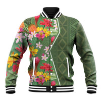 Green tropical floral baseball jacket with striped rib collar and snap button front
