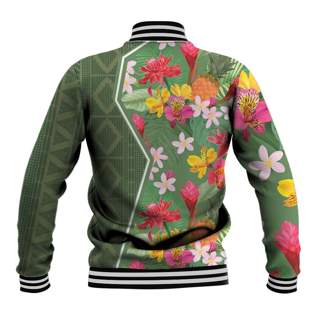 Green tropical floral baseball jacket, back view with striped waistband and cuffs