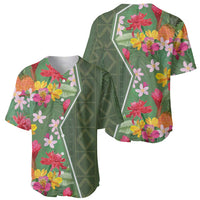 Green tropical floral baseball jersey front view with white contrast panel