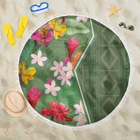 Round green tropical flowers beach blanket with white fringed edge, 150cm