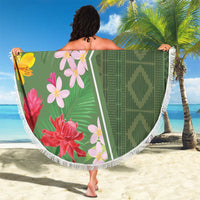 Round green tropical flowers beach blanket, white fringed edge with leaf pattern