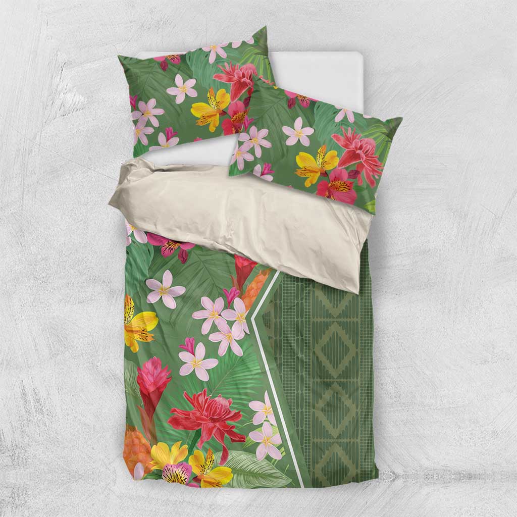 Green tropical floral bedding set with coordinating pillowcases and geometric side panel