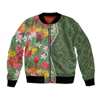 Green unisex bomber jacket, tropical floral print, front zipper, ribbed cuffs