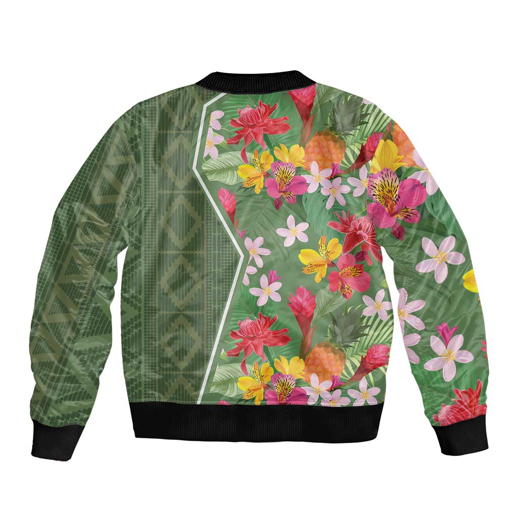 Green unisex bomber jacket, tropical floral back print, ribbed collar and cuffs