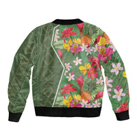 Green unisex bomber jacket, tropical floral back print, ribbed collar and cuffs
