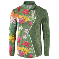 Green button-front sweatshirt with tropical flower print and geometric side panel