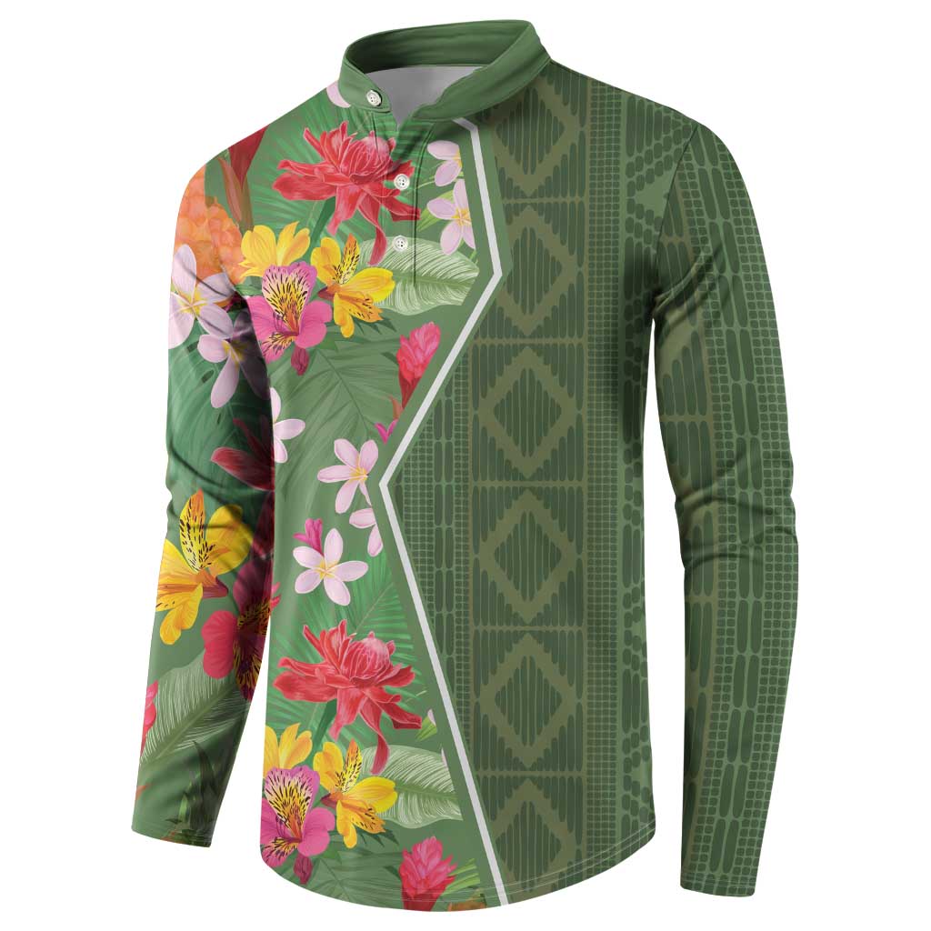 Green button-front sweatshirt with tropical floral print and geometric side stripes
